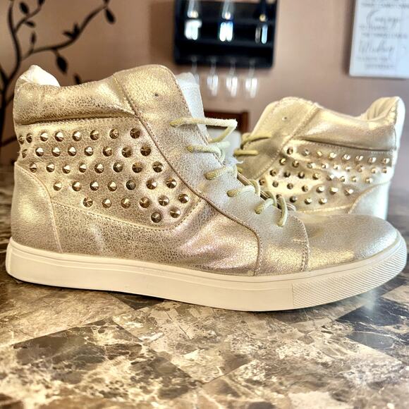 Forever 21 Women's Metallic Gold Studded High Top Fashion Shoe Sneakers - Picture 1 of 10